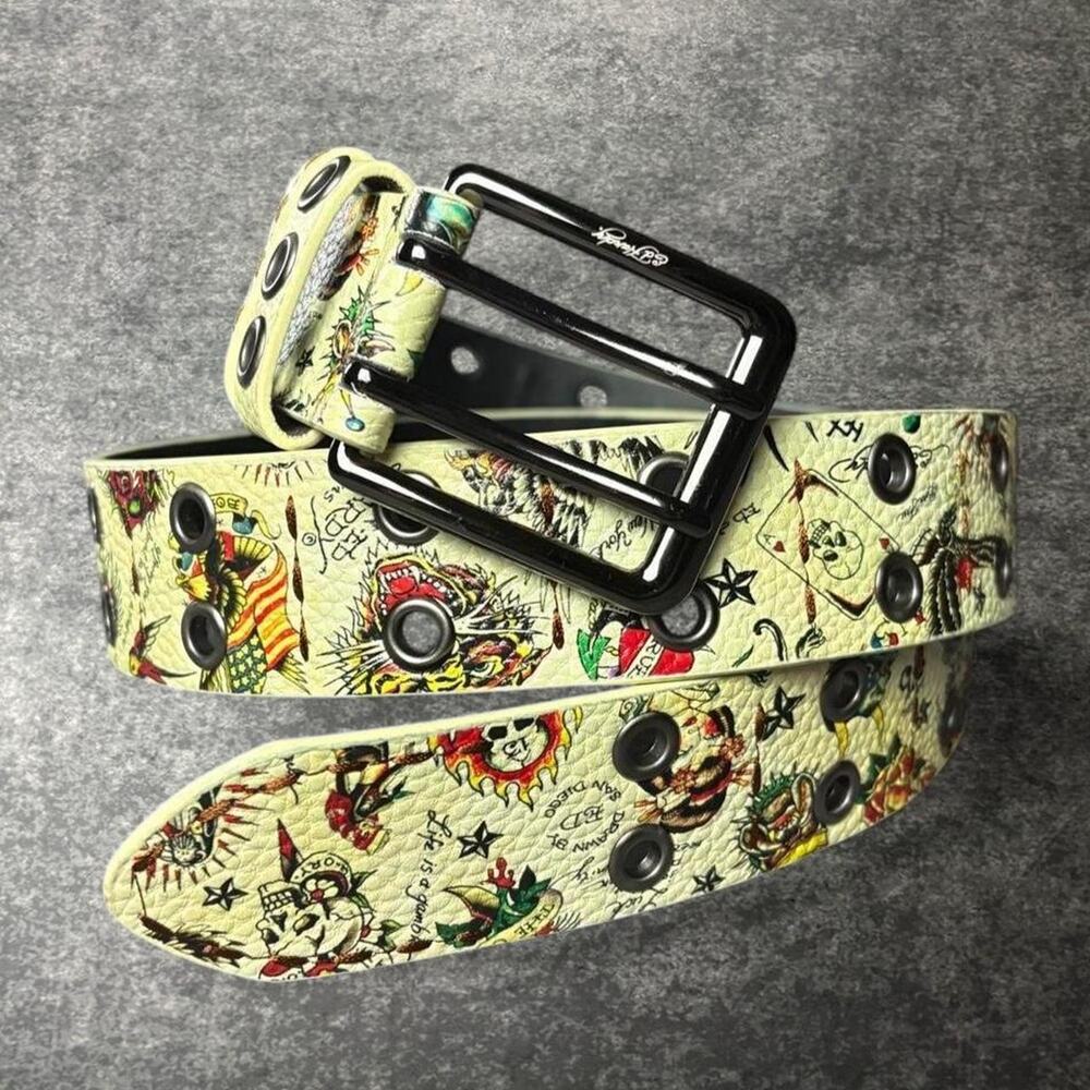 Ed Hardy Cream Tattoo Graphic Double-Prong Grommet Belt Y2K Punk